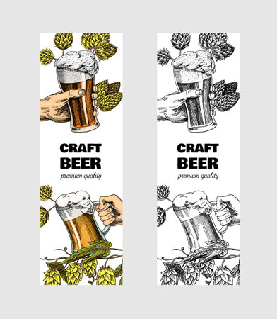 Hop cones and Barley. Malt Beer for poster or banner. Engraved vintage. Hand drawn Sketch for web or pub menu. Design elements isolated on white background.のイラスト素材