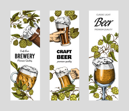 Hop cones and Barley. Malt Beer for poster or banner. Engraved vintage. Hand drawn Sketch for web or pub menu. Design elements isolated on white background.のイラスト素材