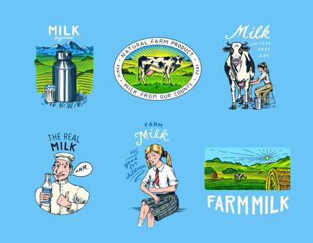 Milk set. Cow and woman farmer, milkmaid and jug, blot and bottles, packaging and meadow, man holds a glass. Vintage logo for shop. Badge for t-shirts. Hand Drawn engrave sketch. Vector illustration.のイラスト素材