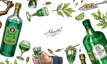 Bottle of Absinthe Glass shot poster or banner. Label for retro menu or web. Engraved hand drawn vintage sketch. Woodcut styleのイラスト素材