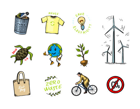 Ecology background. Zero waste. Hand drawn eco transport, bio. Waste sorting and recycling....