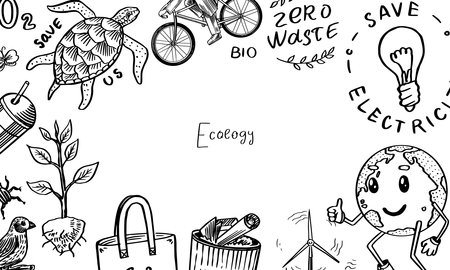 Ecology background. Zero waste banner or poster. Hand drawn eco transport, bio. Waste sorting and recycling. Windmills and nature. Woodcut Doodles set. Engraved sketch.のイラスト素材