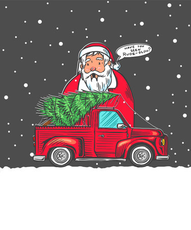Car with a Christmas tree. Spruce in the luggage of the truck. Delivery concept. Vector illustration for label, badge, logo, postcard or banner. Hand drawn Vintage engraved sketch.のイラスト素材