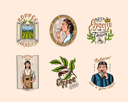 Set of coffee in vintage style. Woman and man with a cup of drink. Vintage badge or logo set for t-shirts, typography, shop or signboards. Beans and leaves. Hand Drawn engraved sketch.のイラスト素材