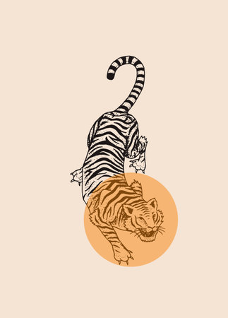 Japanese tiger against the background of the sun. Asian Wild animal. Banner or poster for advertising or web.のイラスト素材