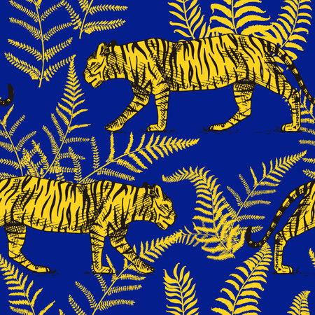 Japanese tigers with tropical leaves. Toile de jouy jungle. Wild animal with green plants. Banner or poster for advertising or web.のイラスト素材