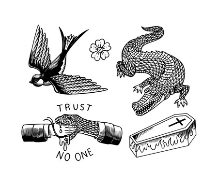 Old school Tattoo stickers set. Swallow and crocodile, handshake and snake. Engraved hand drawn vintage retro sketch for notebook or logo.のイラスト素材