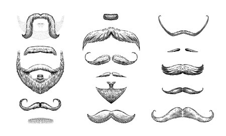 A set of moustache and beards on a white background. Hipster and retro barber or hairdresser. Engraved hand drawn in old sketch, vintage style for packaging and signage.のイラスト素材