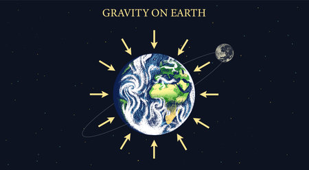 an illustration of gravity on earth with arrows pointing to the earth. Astronomical galaxy space. Engraved hand drawn planet in old sketch, vintage style for label.のイラスト素材
