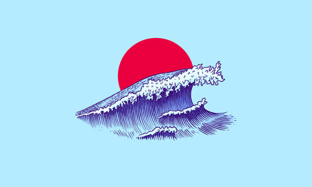 Atlantic tidal waves and red sun. Vintage old engraved hand drawn labels. Marine and nautical or sea, ocean in Japanese style for banner, background or poster. Isolated vector illustration.のイラスト素材