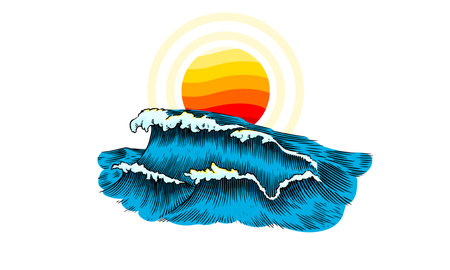 Atlantic tidal waves and red sun. Vintage old engraved hand drawn labels. Marine and nautical or sea, ocean in Japanese style for banner, background or poster. Isolated vector illustration.のイラスト素材