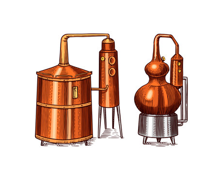 Distilled alcohol. Device for preparing tequila, cognac and spirits. Engraved hand drawn vintage sketch. Woodcut style. Vector illustration for menu or poster.のイラスト素材