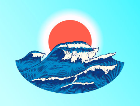 Atlantic tidal waves and red sun. Vintage old engraved hand drawn labels. Marine and nautical or sea, ocean in Japanese style for banner, background or poster. Isolated vector illustration.のイラスト素材