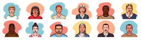 Human Avatars Collection. Faces of people. Characters set. Happy emotions. Portrait for social media, website. Men and women, grandparents and girls. Hand drawn doodle sketch.のイラスト素材