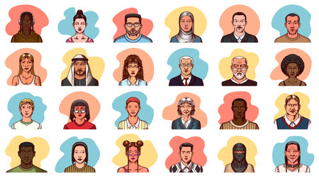 Human Avatars Collection. Faces of people. Characters set. Happy emotions. Portrait for social media, website. Men and women, grandparents and girls. Hand drawn doodle sketch.のイラスト素材