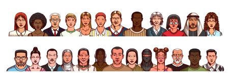 Human Avatars Collection. Faces of people. Characters set. Happy emotions. Portrait for social media, website. Men and women, grandparents and girls. Hand drawn doodle sketch.のイラスト素材