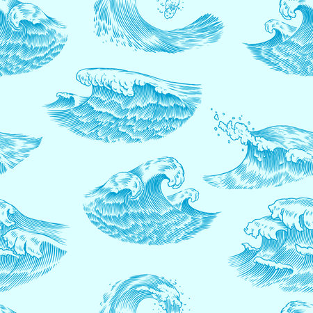 Atlantic tidal waves. Vintage old engraved hand drawn labels. Seamless Pattern. Marine and nautical or sea, ocean in Japanese style for banner, background or poster. Isolated vector illustration.のイラスト素材