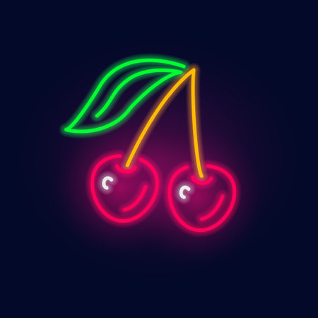Fashion neon. Cherry sign. Night bright signboard, Glowing light berry. Summer logo, emblem for Club or bar conceptのイラスト素材