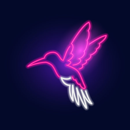 Fashion humming bird neon sign. Night bright signboard, Glowing light. Summer logo, emblem for Club or bar conceptのイラスト素材