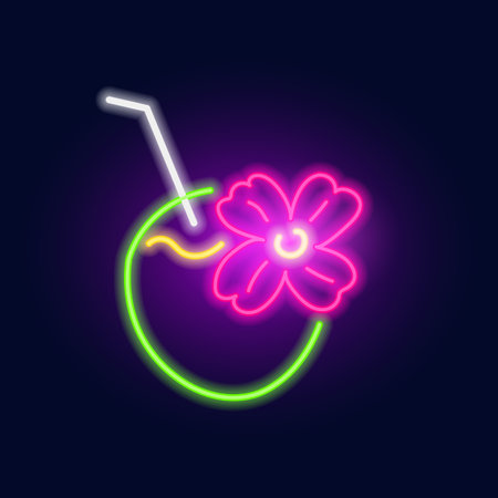 Fashion cocktail in coconut, neon sign. Night bright signboard, Glowing light. Summer logo, emblem for Club or bar conceptのイラスト素材