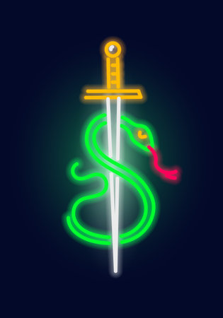 Fashion snake and sword, neon sign. Night bright signboard, Glowing light. Summer logo, emblem for...