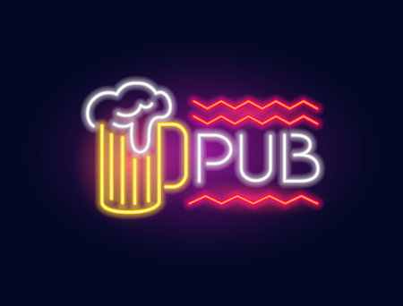 Fashion inscription pub and glass of beer neon sign. Night bright signboard, Glowing light. Summer logo, emblem for Club or bar conceptのイラスト素材