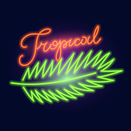 Fashion tropical neon sign. Night bright signboard, Glowing light leaf. Summer logo, emblem for Club or bar concept, palm treeのイラスト素材