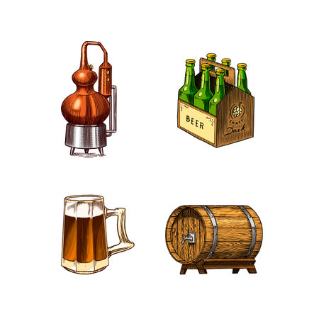 Beer classical wooden barrels, Distilled alcohol. Hop, malt. Glass mugs with drink. Engraved in ink hand drawn in old sketch for oktoberfest. Vintage style.のイラスト素材