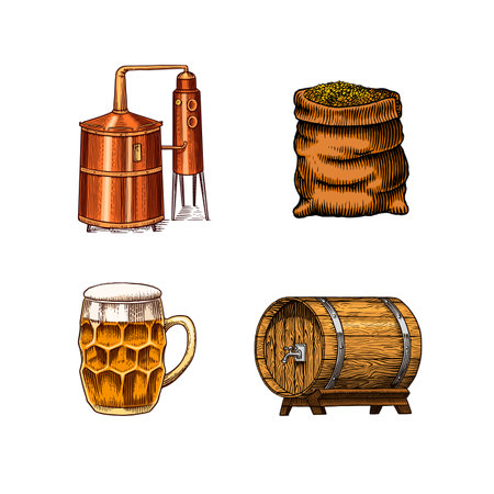 Beer classical wooden barrels, Distilled alcohol. Hop, malt. Glass mugs with drink. Engraved in ink hand drawn in old sketch for oktoberfest. Vintage style.のイラスト素材