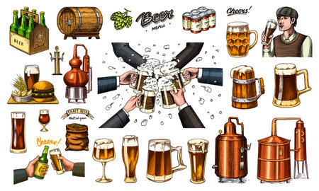 Beer classical wooden barrels, Distilled alcohol. Hop, malt. Cheers toast. Glass mugs with drink. Burger with potatoes set. Engraved in ink hand drawn in old sketch for oktoberfest. Vintage style.のイラスト素材