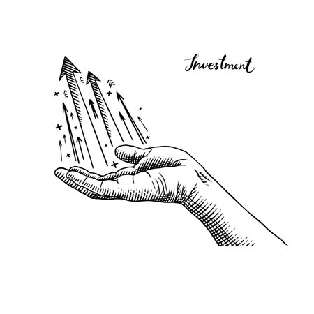 Open hand giving or receiving. Hologram of boosting arrows or graph chart. Vector clipart illustration. Teamwork, work efficiency, symbolizing startup. Line and Ink sketch. Hand drawn Vintage style.のイラスト素材
