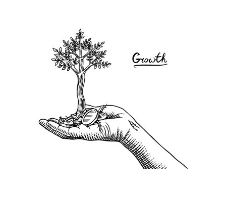 Hand with holding golden coins stack with growth tree for business investment. Money plant growth. Vector clipart illustration. Line and Ink sketch. Hand drawn Vintage style.のイラスト素材