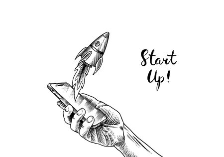 Hand holding mobile smartphone with launching rocket. Startup project, start new business. Help or...