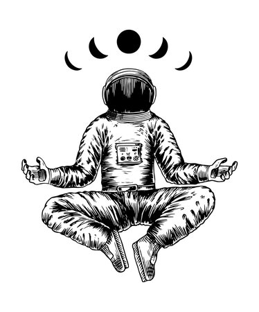 Spaceman meditating with moons in vintage engraved style. drawing of an astronaut in space done by hand in pen and ink in jumpsuit. astronomy and astrology illustrationのイラスト素材