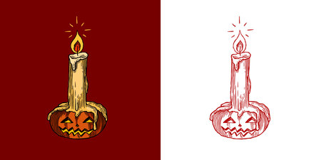 Halloween pumpkin with a candle on it. Witchcraft and sorcery things magician and voodoo hand drawn engravedのイラスト素材