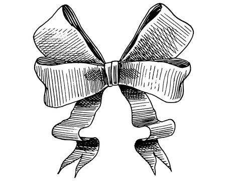 Ribbon gift bow in hand drawn, engraving style. Collection of decorative holiday elements for birthday, wedding or Christmas celebration.のイラスト素材