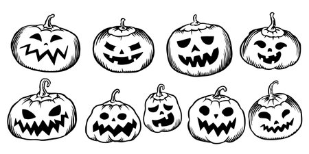 Set of cute and scary halloween pumpkins for celebration or invitation posters and cards. Hand drawn engraved spooky vegetablesのイラスト素材