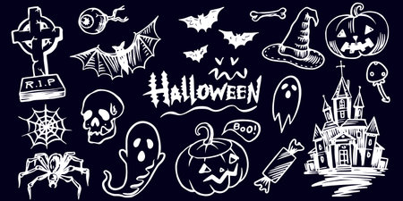Collection with Halloween hand drawn elements. Cross rip and bat, dead eye and witch hat. Pumpkin spider and scary house, bats flying and ghosts for holiday.のイラスト素材