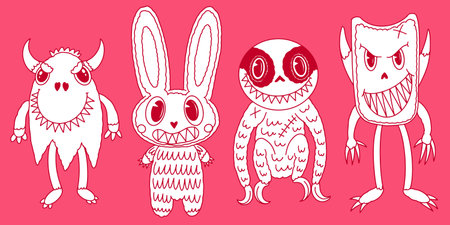 Cute and scary Monster Characters set. Rabbit, cat and bear with claws and horns. Funny mascot kawaii beasts in hand drawn modern style.のイラスト素材