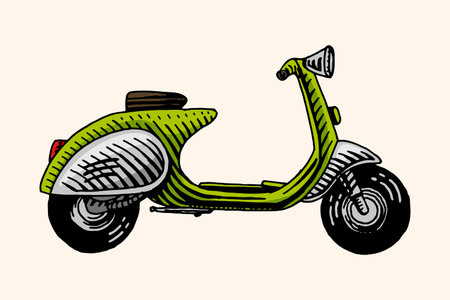 Retro Cartoon hand drawn scooter bike, motorcycle for deliveryのイラスト素材