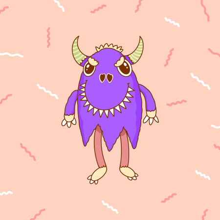 Cute and scary Monster Character with claws and horns. Funny mascot kawaii beasts in hand drawn modern style.のイラスト素材