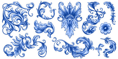 Vintage Baroque or renaissance hand drawn Victorian set of ornament floral elements engraved retro flower decorative design heraldic swirls.のイラスト素材