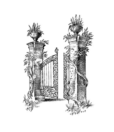 Gates or doors or portal. Template for wine or alcohol label. Old Vintage engraving streets fragments. Part of the building on the background of nature. Hand drawn sketch.のイラスト素材
