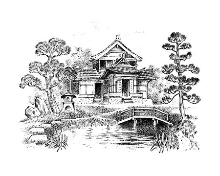 Japanese house with pond and garden. Asian architecture. Timber framing. Vector landscape. Ink sketch of the street. Hand drawn vintage illustration for book, emblem or print. Medieval townのイラスト素材