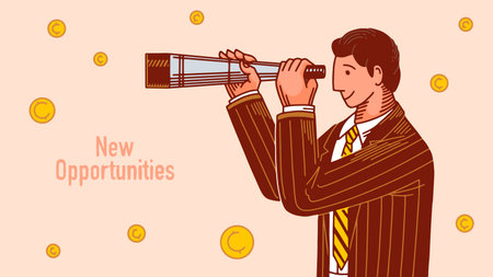 A businessman in suit standing with a telescope looking for new opportunity in his business company. Finance concept, outline hand drawn styleのイラスト素材