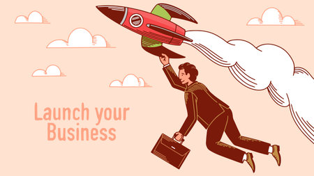 A businessman in a suit on a rocket. Launch your business Start up concept. Successful project development, outline hand drawn styleのイラスト素材
