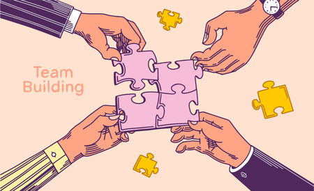 Buiseness people hands doing a jigsaw puzzle. Team work and building concept for your finance or bank company. Outline hand drawn styleのイラスト素材