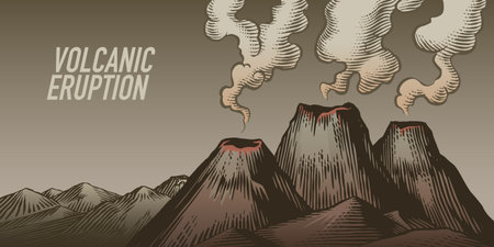 Moody volcano eruption landscape scene. Volcanic activity and explosion, lava coming out of mountain. Natural disaster concept. hand drawn engraving illustration pen and ink line art.のイラスト素材