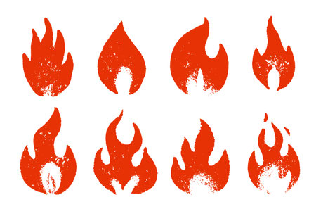 Collection of grungy fire flames. different elements for bonfire or other usage. Modern street style drawing art. hand drawnのイラスト素材