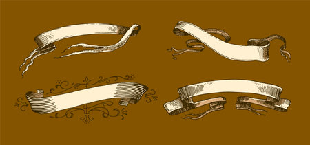 Set of scroll ribbon banners in Barocco style. Hand drawn engraving for your text in vintage traditional technique. For wedding, events, birthday and greetings.のイラスト素材
